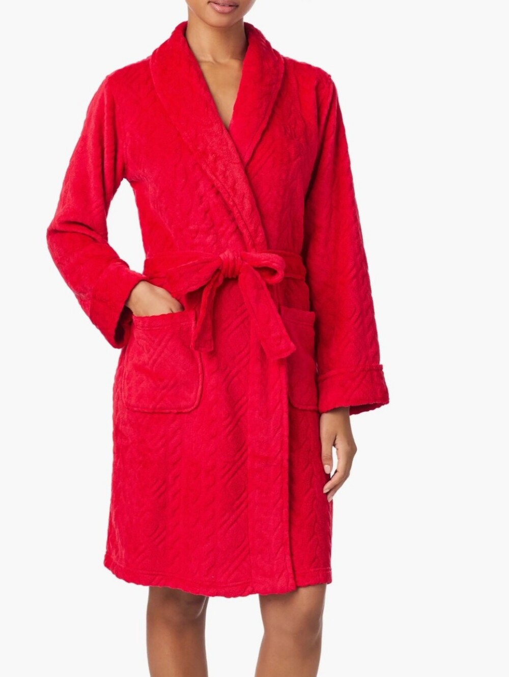 Lauren Ralph Lauren Red Plush Fleece Robe Medium Shawl Collar Embroidered LRL